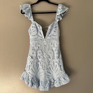 Mika & Gala Low V-Neck Eyelet Lace‎ Lined Mini Dress | Powder Blue